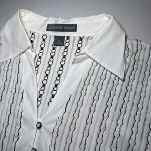 Josephine Chaus Top Womens 14 Black Ivory Long Sleeve Blouse Stretch Textured